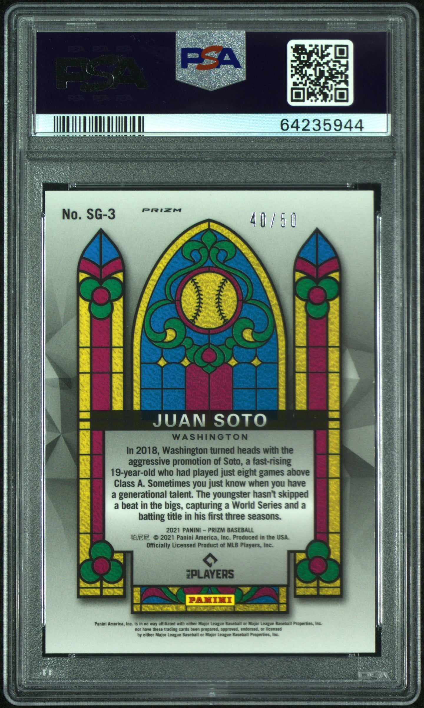 2021 Panini Prizm Stained Glass Juan Soto #SG-3 ST. GL Snakeskin Prizm PSA 10