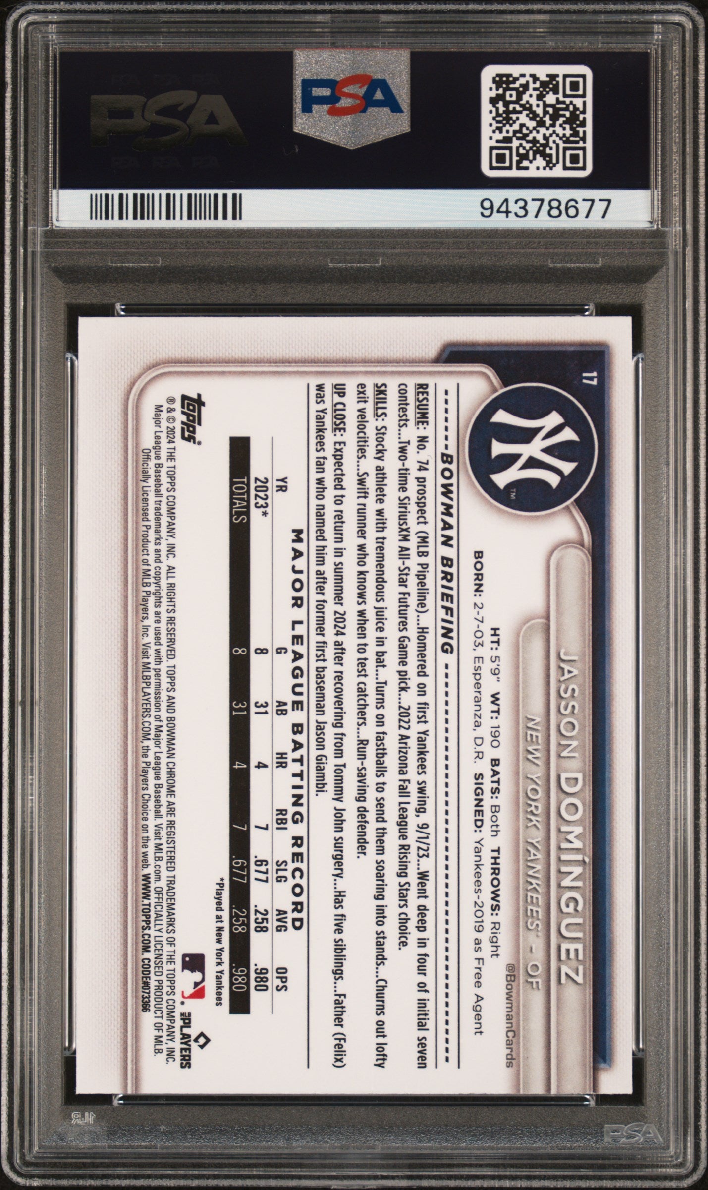 2024 Bowman Mega Box Chrome Jasson Dominguez #17 PSA 9