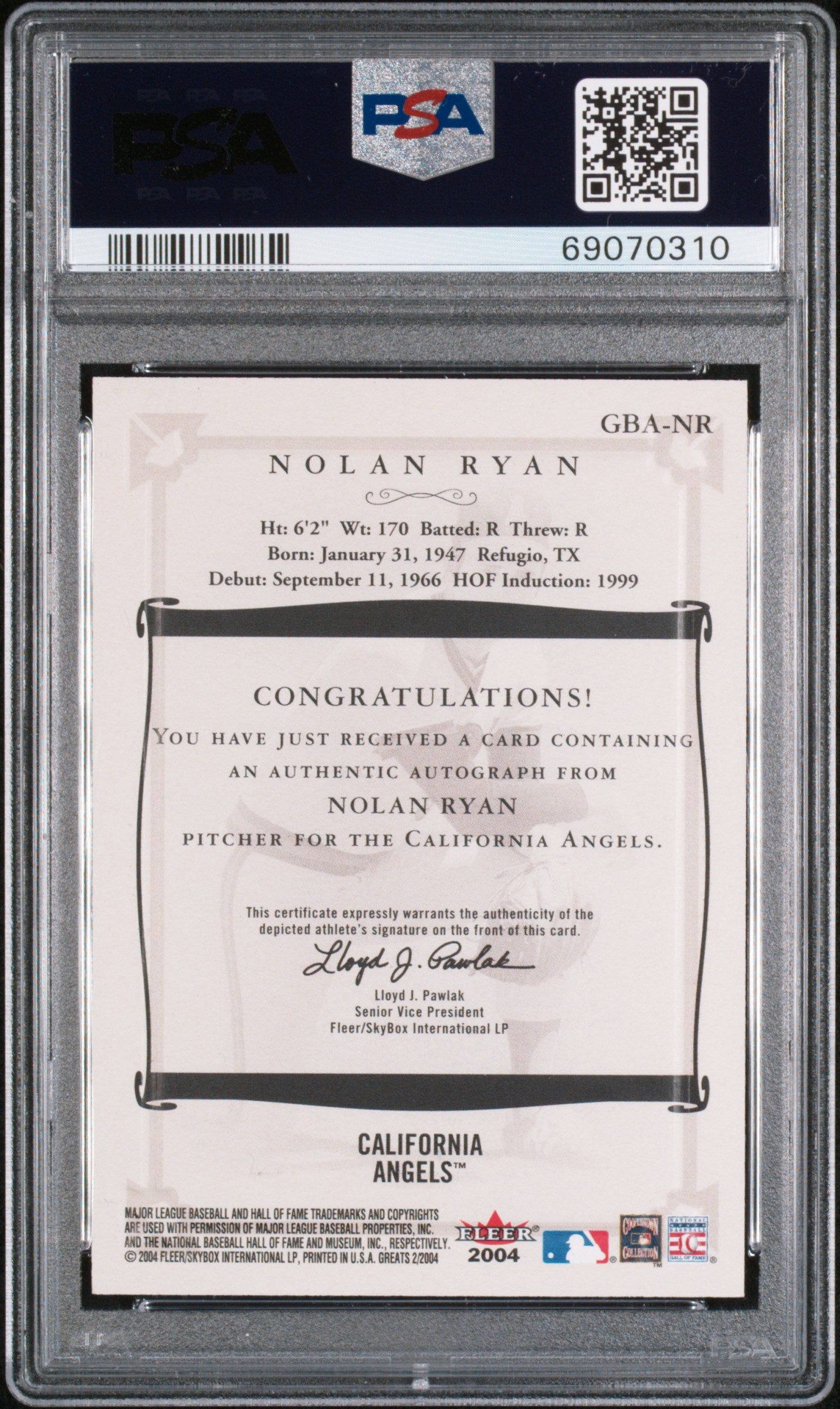 Nolan Ryan 2004 Fleer Greats Gold Border Auto PSA 7 AUTO 10