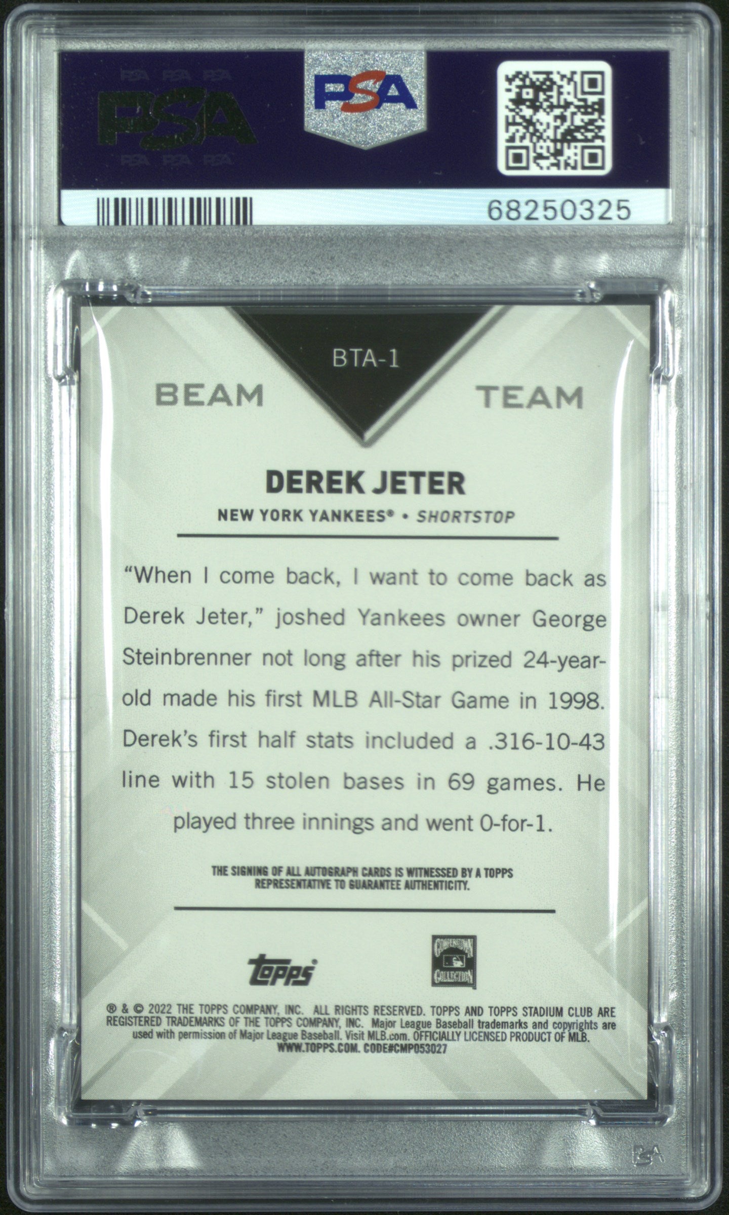 2022 Topps Stadium Club Members Only Derek Jeter Beam Team Autographs 3/3 PSA 8