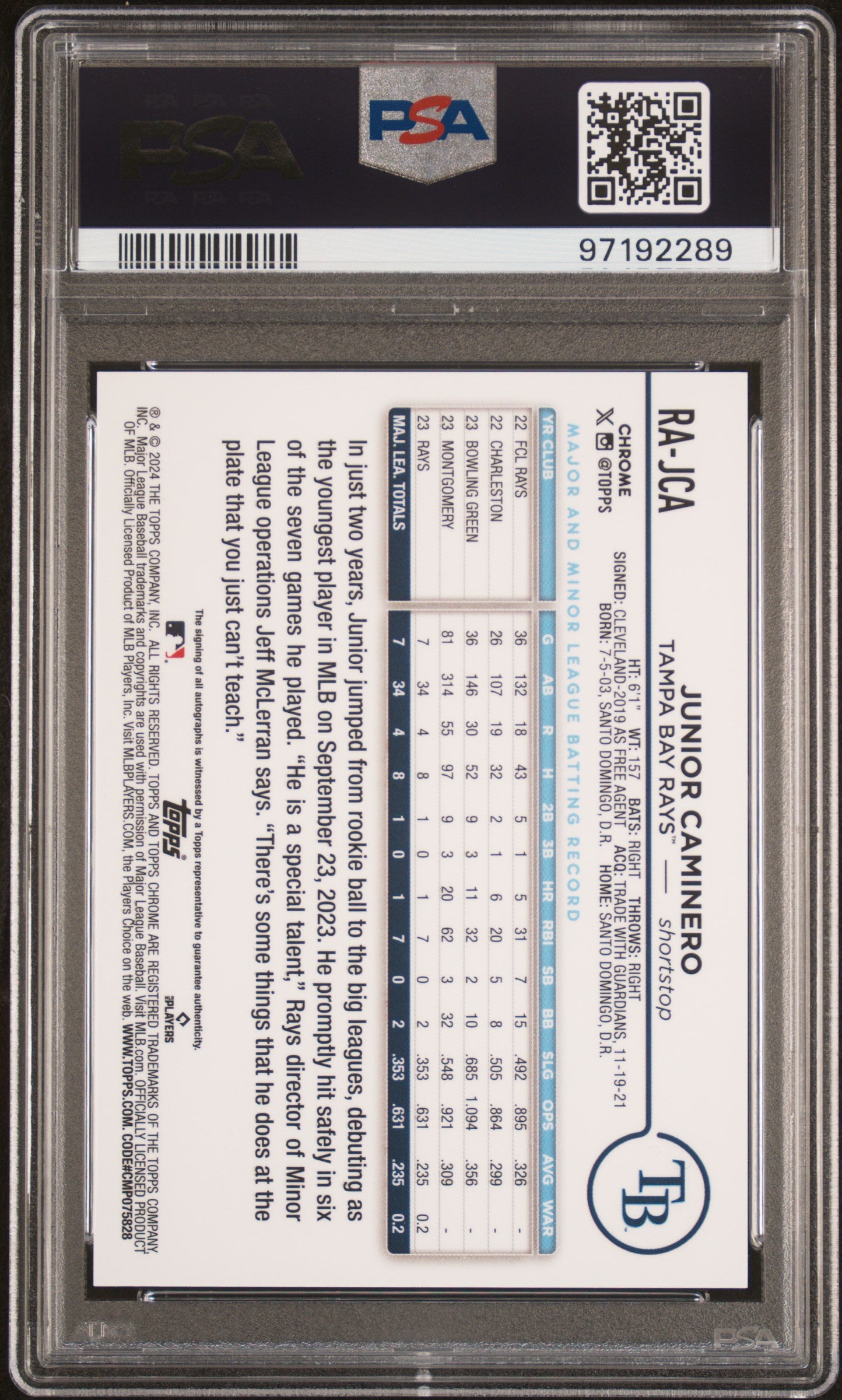 2024 Topps Chrome Rookie Autographs Junior Caminero #RAJCA PSA 10