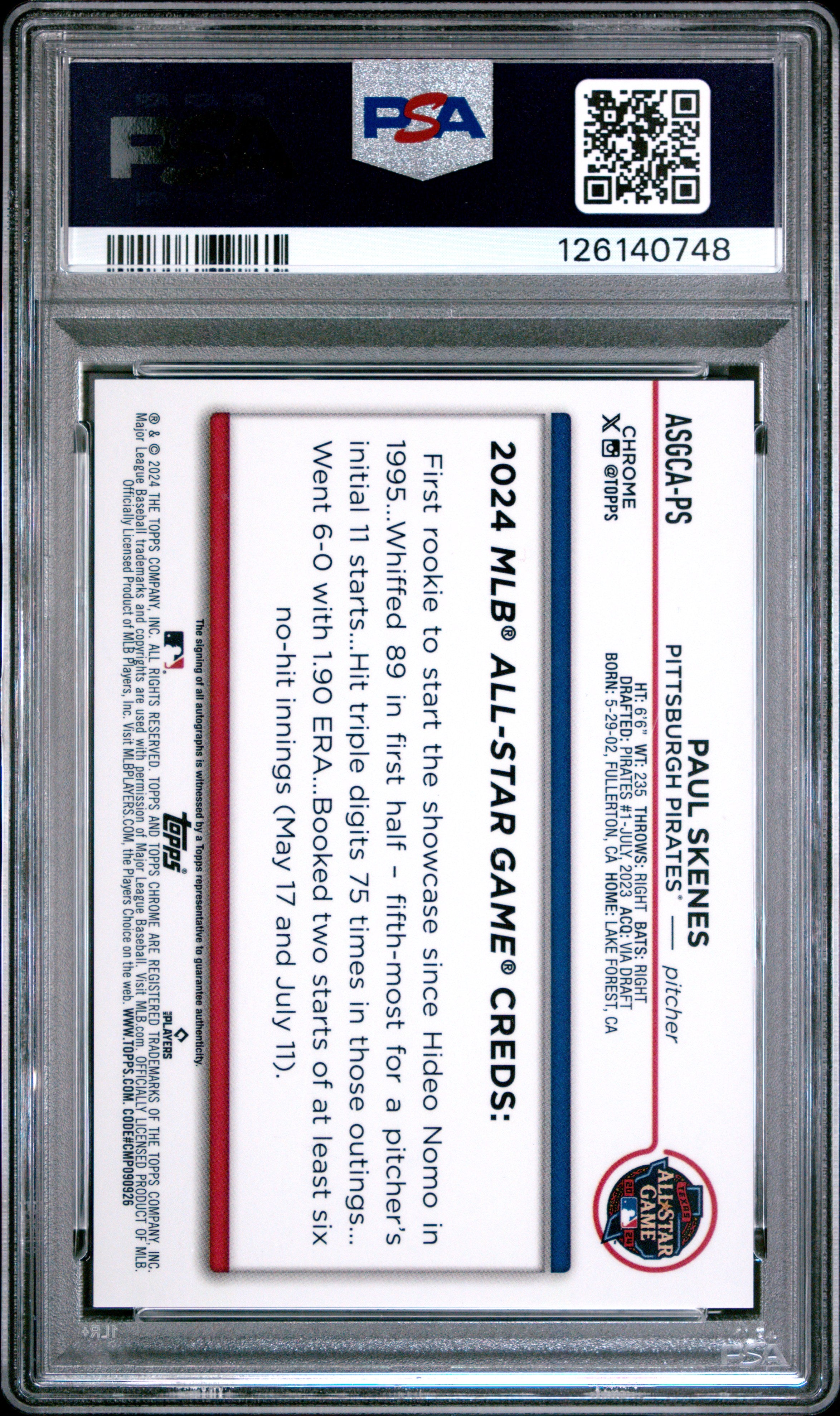 2024 Topps Chrome Update 2024 All-Star Game Autographs Baseball Paul Skenes #PS As Org Ref PSA 9