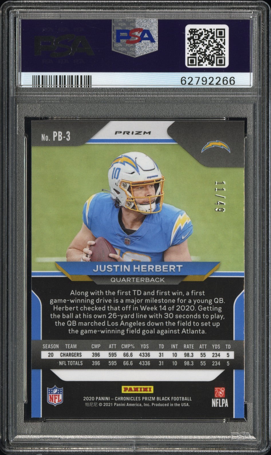 2020 Panini Chronicles Prizm Black Justin Herbert #PB3 Prizm Black Green PSA 10