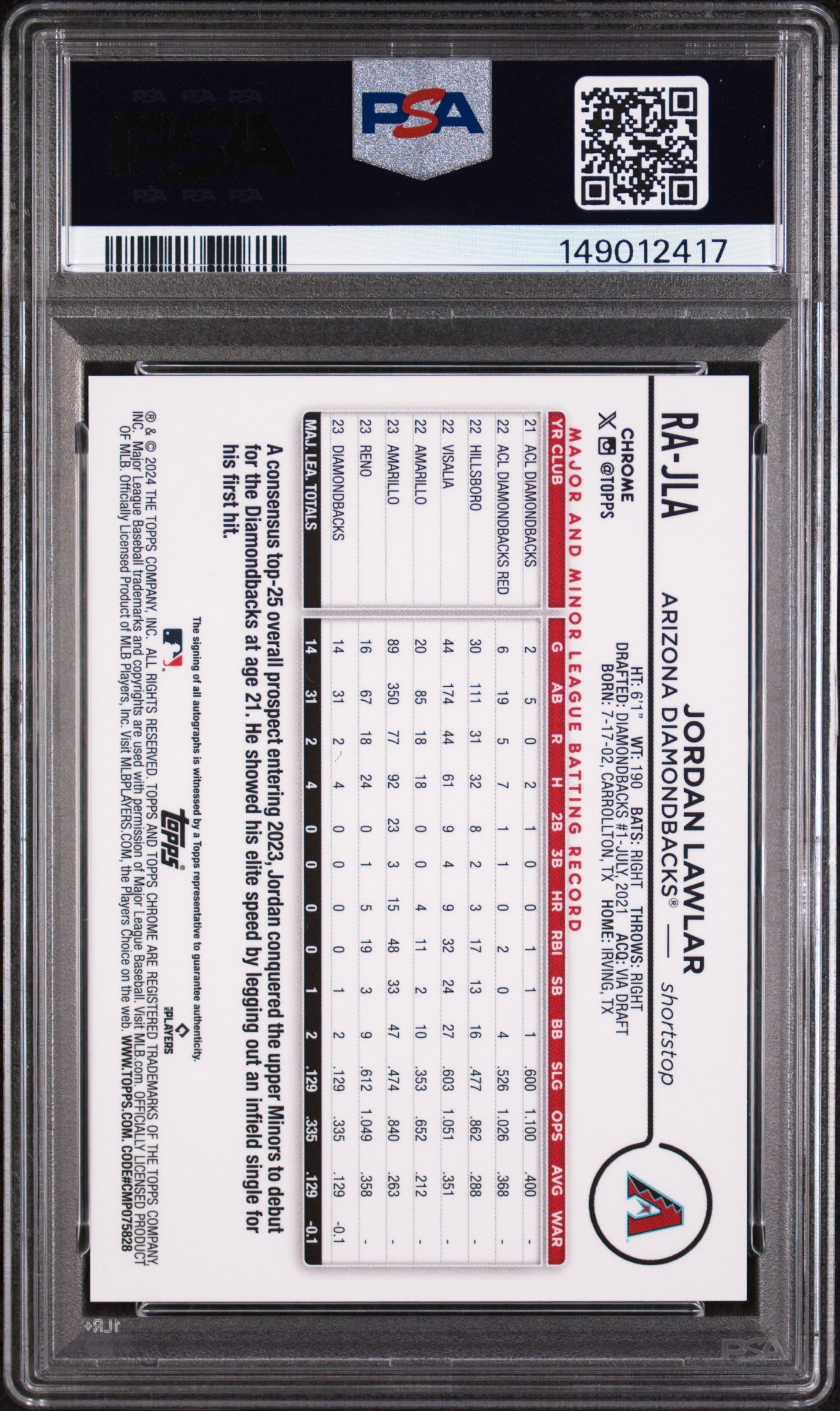 2024 Topps Chrome Rookie Autographs Baseball Jordan Lawlar #RAJLA PSA 9