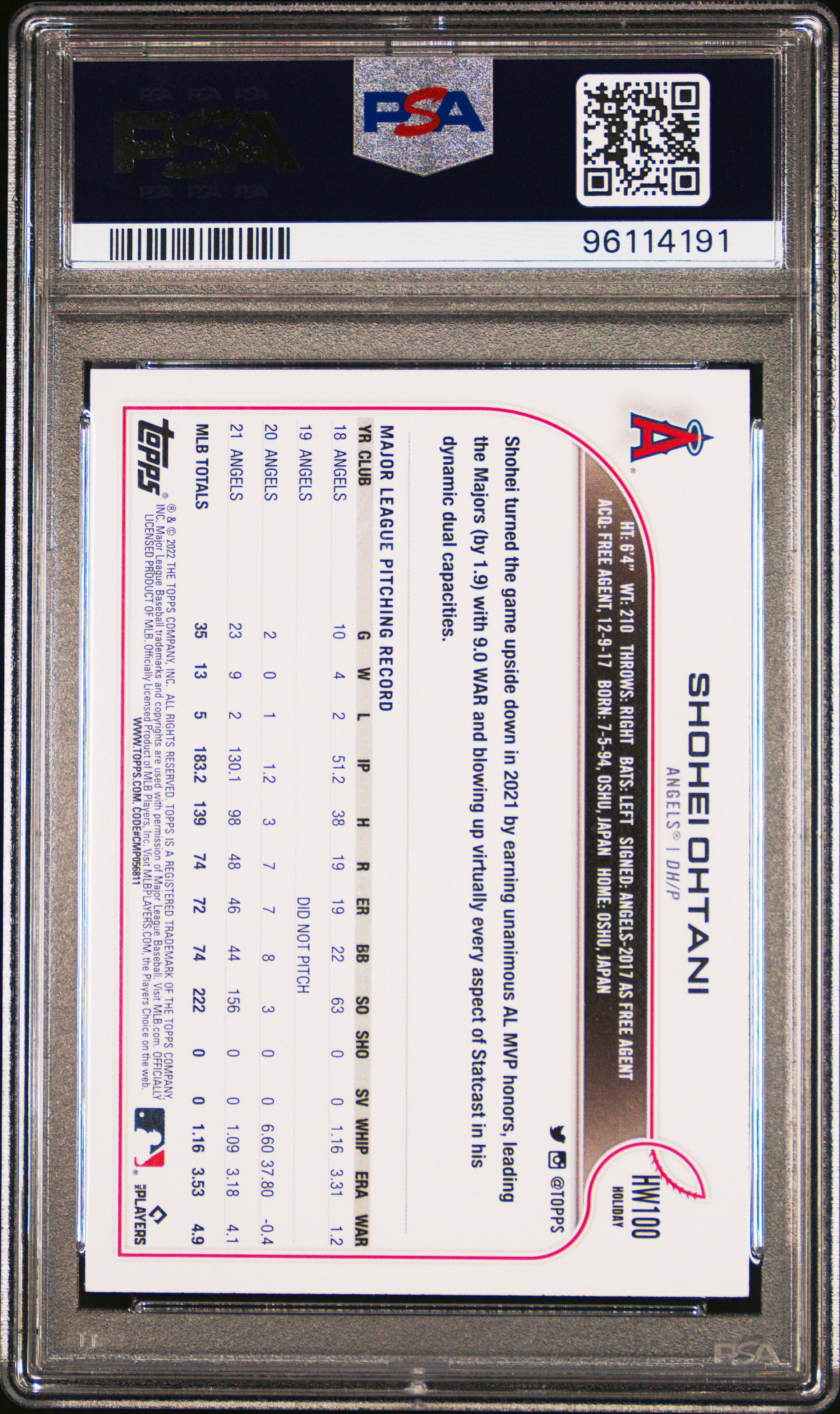 2022 Topps Holiday Shohei Ohtani #HW100 Metallic PSA 10