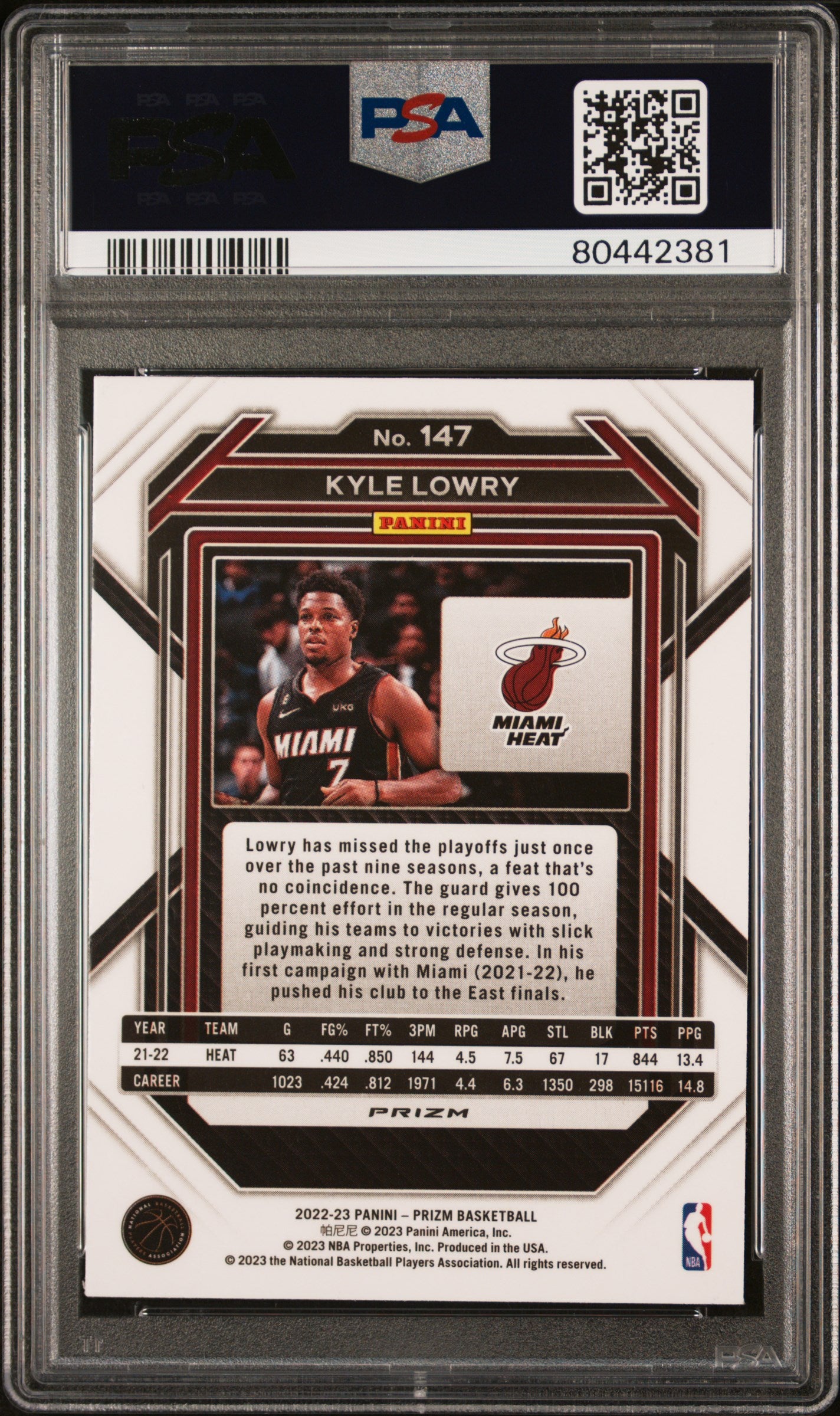 2022 Panini Prizm Kyle Lowry #147 White Sparkle PSA 9