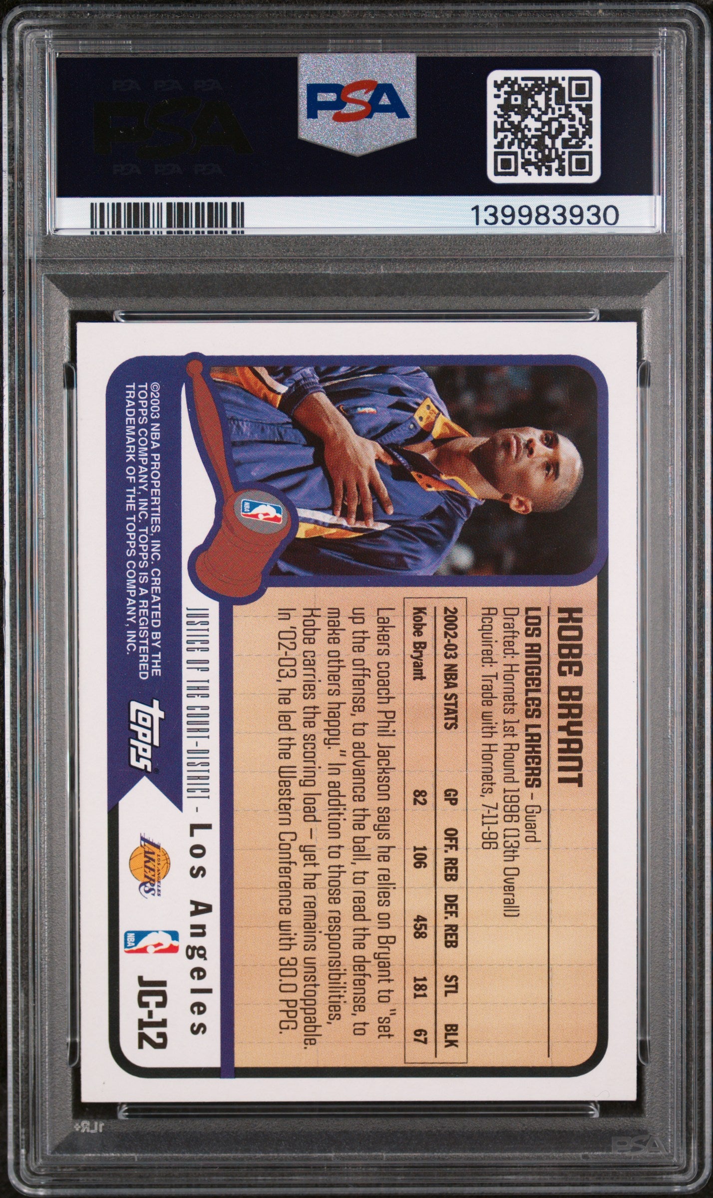 2003 Topps Justice Of The Court Basketball Kobe Bryant #JC-12 PSA 6