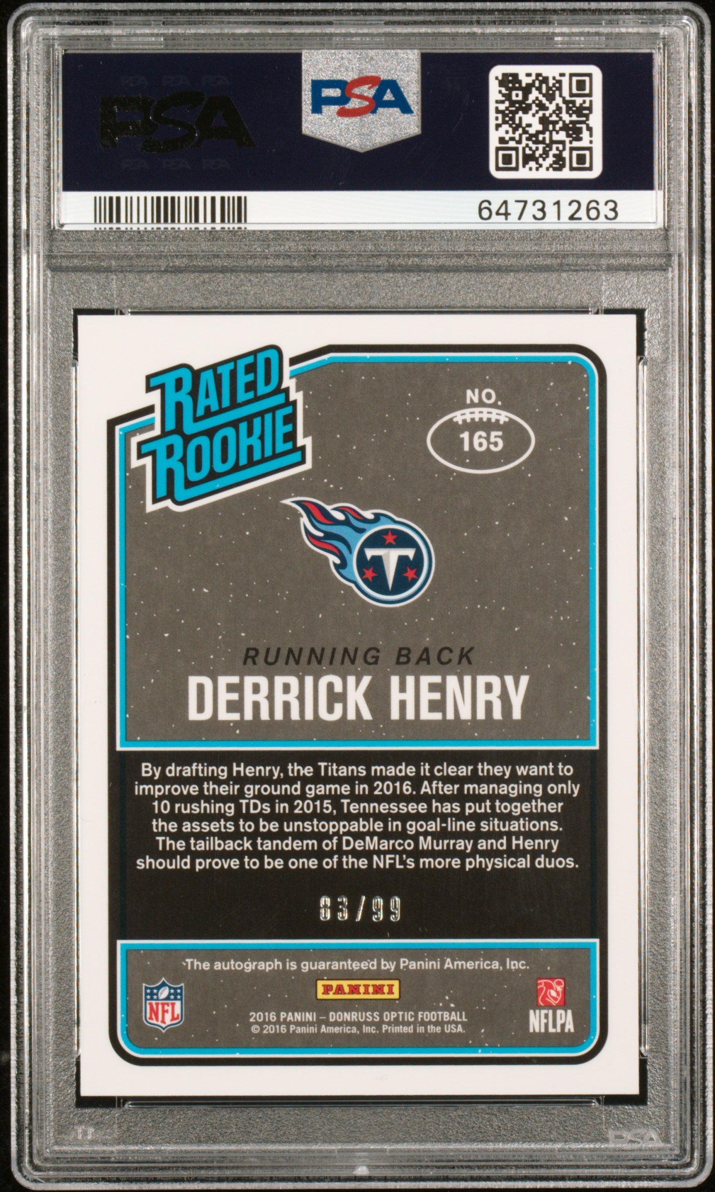 2016 Panini Donruss Optic Football Derrick Henry #165 Autograph Holo PSA 9