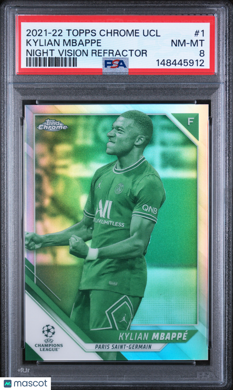2021 Topps Chrome UEFA Champions League Soccer Kylian Mbappe #1 Night Vision Refractor PSA 8