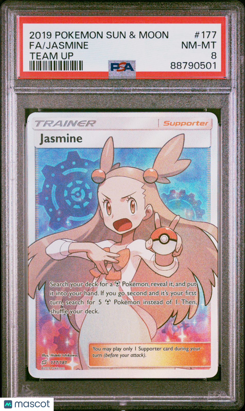 2019 Pokemon Sun & Moon Team Up Full Art/Jasmine 177 PSA 8