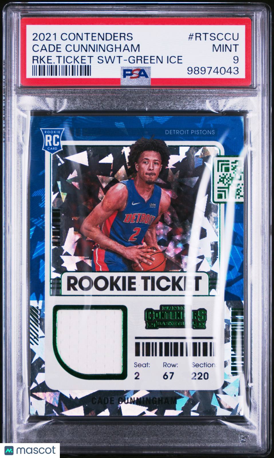 2021 Panini Contenders Rookie Ticket Swatches Basketball Cade Cunningham #RTSCCU RKE. Ticket SWT Green Ice PSA 9