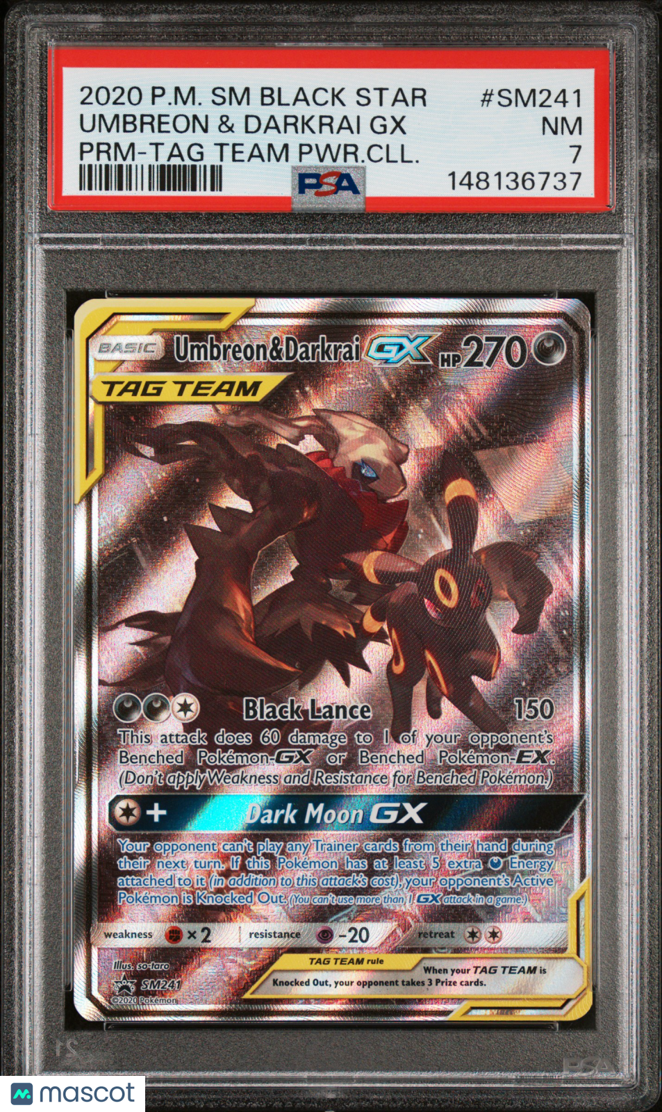 2020 Pokemon SM Black Star Promo Umbreon & Darkrai GX #SM241 PRM-TAG Team PWR.CLL. PSA 7
