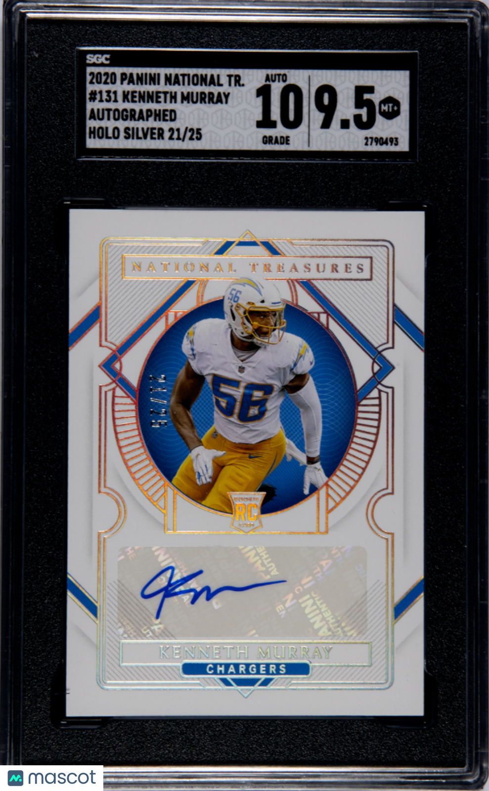 2020 Panini National Treasures Kenneth Murray Auto Holo Silver 21/25 #131 SGC Auto Grade 10 Mint+ 9.5 ^