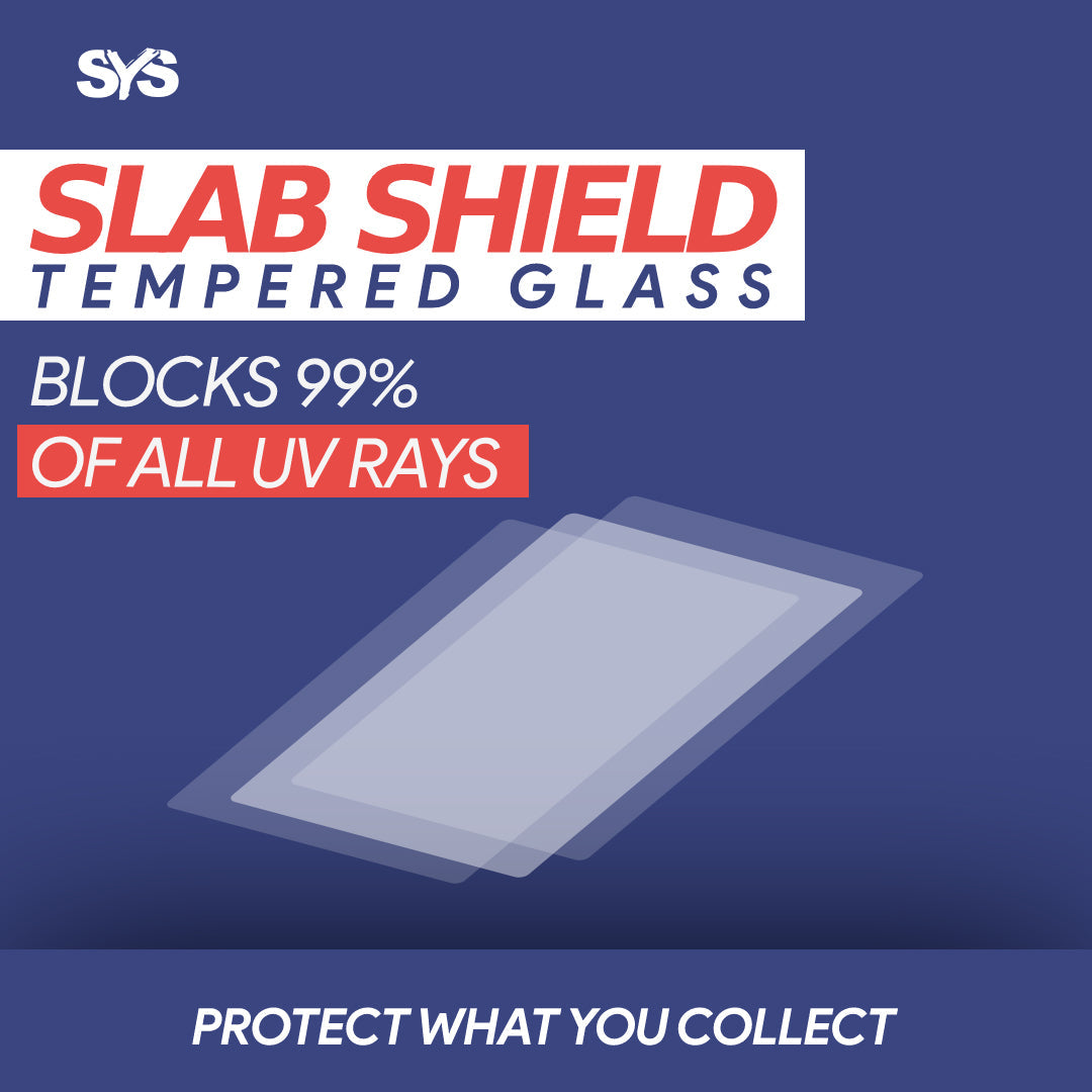 SlabShield Graphic with text: Tempered Glass Blocks 99% of all UV Rays Protect What You Collect 